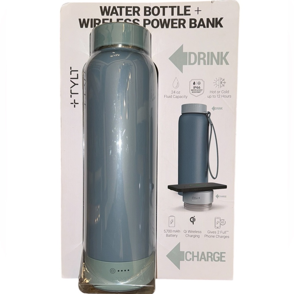 TYLT Water Bottle + Wireless Power Bank Blue